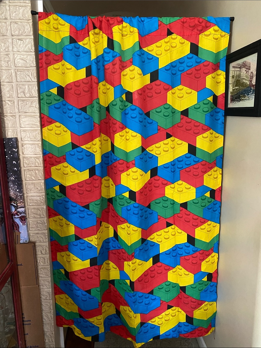 LEGO block curtain panel set for kids room window color vibrant 90’s design